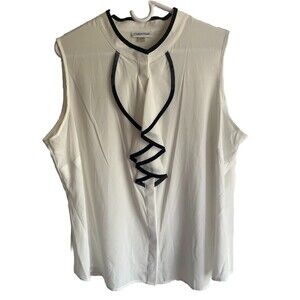 NWT Calvin Klein White Black Sleeveless Ruffle Front Blouse Women Small Career